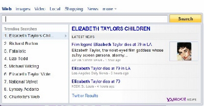 Yahoo Search Direct: tìm kiếm nhanh thông tin về ngôi sao màn bạc Elizabeth Taylors vừa mất ở tuổi 79